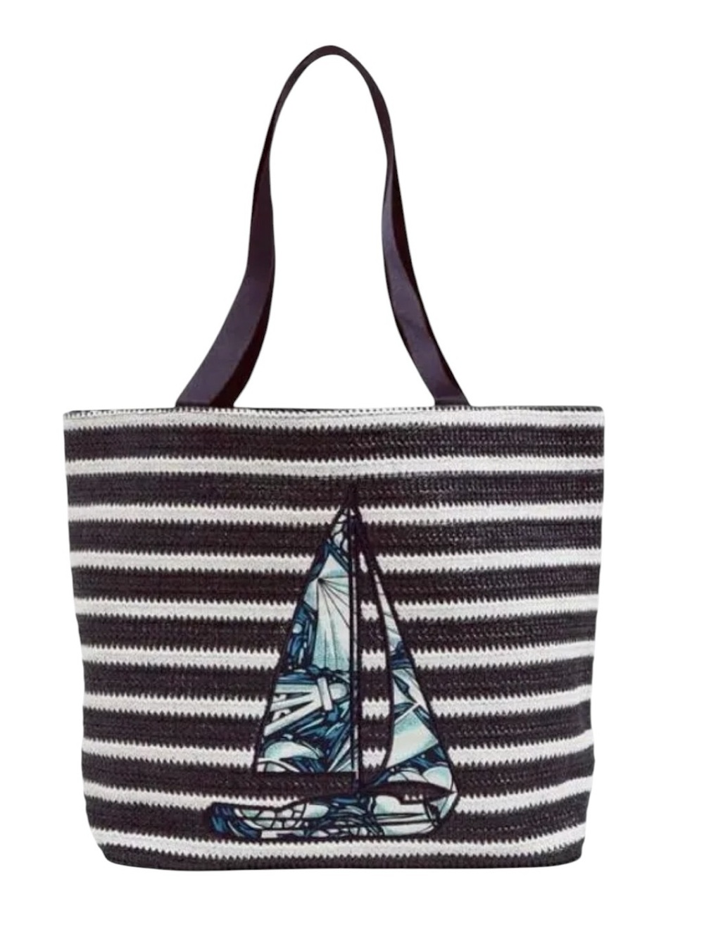 Vera Bradley Shore Enough Blue White Striped Appliqué Sailboat Tote Bag